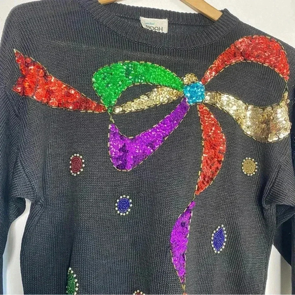 Mr Noah VINTAGE black sequined bow Christmas, holiday, festive sweater-size S - Picture 6 of 7